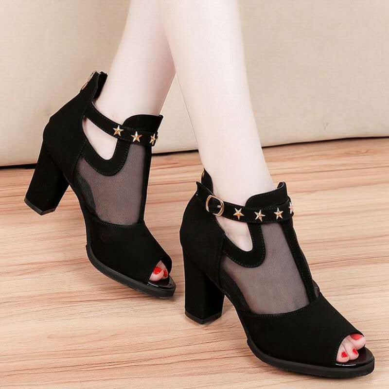 메쉬 피프토 블록 하이힐 여성 샌들 컷아웃 앵클 스트랩 - Mesh Strap Metal 리뷰 및 가격